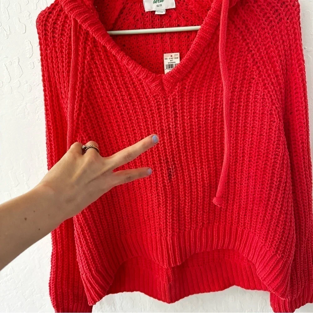 Aerie PINK Chenille Chunky Knit Pullover Sweater Hood Drawstring XS - Picture 3 of 8